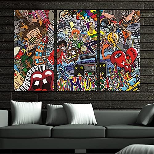 Arte de parede para sala de estar, Music Graffiti Colored Pattern emoldurado Decorativo Pintura a óleo Conjunto
