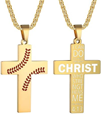 Colar cruzado de beisebol hattidoris para meninos inspirados no verso bíblico pingente de aço inoxidável 22+2 polegadas Baseball Jewelry Baseball Gift for Men Women