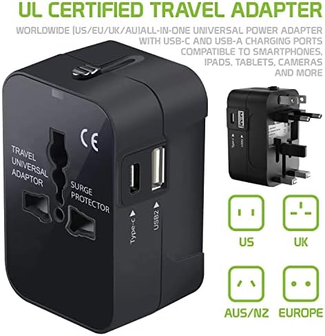 Viagem USB Plus International Power Adapter Compatível com ZTE Nubia N2 para energia mundial para 3 dispositivos USB TypeC, USB-A para viajar entre EUA/EU/AUS/NZ/UK/CN