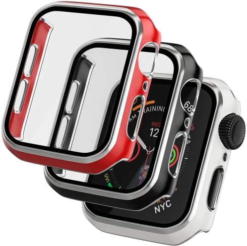 Pacote de 3 pacote de caixa de PC rígido com protetor de tela de vidro temperado compatível com o estojo Apple Watch Series 6 5 4 SE 44mm, capa protetora geral resistente a arranhões para iwatch homens mulheres, preto, vermelho, branco