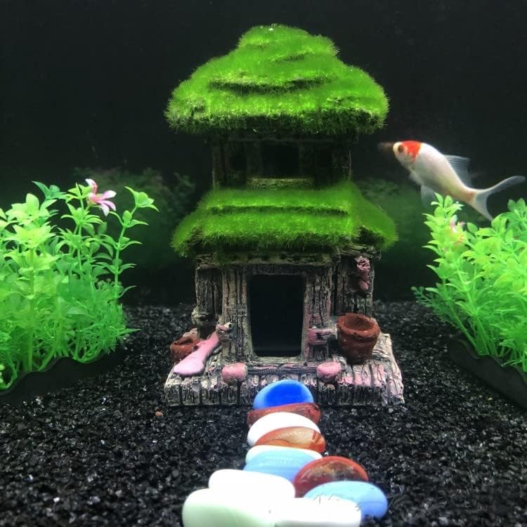 Awxzom Fish House para aquário Decorações de aquário Fish Hideout Fish Tank House com musgo realista, venha com 2 PCs de 4 polegadas de plantas artificiais de Aaquarium