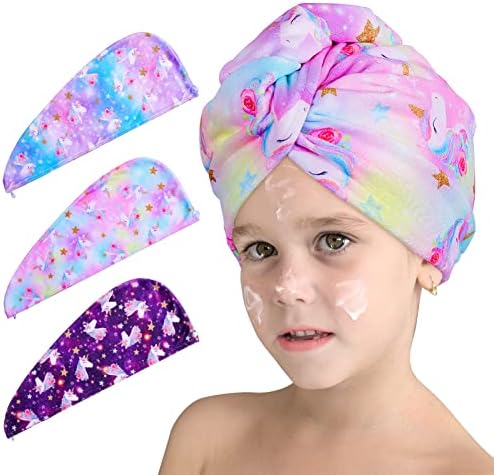 Castelo de unicórnio 3 Microfiber Hair Toard Turbans para cabelos para cabelos molhados embrulhamento de toalha para meninas para meninas Toalha rápida para cabelos longos e encaracolados…