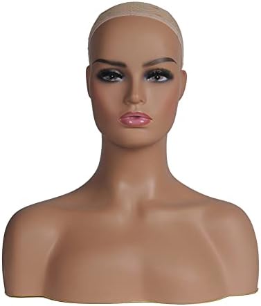 Cabeça realista feminina de manequim com ombro para exibição - cabeça de manikin com ombro para peruca/jóias/maquiagem/chapéu/tela de sol