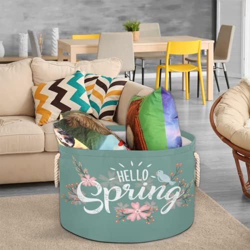 Hello Spring Flower Grande cestas redondas para cestas de lavanderia de armazenamento com alças