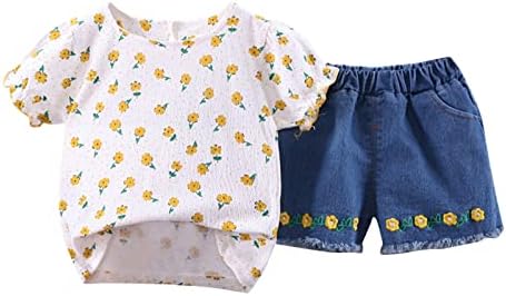 Xbgqasu criança infantil roupas meninas roupas de manga curta de manga floral camiseta de jeans top shorts casuais 2pcs roupas conjuntos de personagens conjuntos de personagens