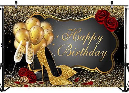 Mocsicka Black Gold Birthday Birthday Cenário para mulheres 7x5 pés de altura Champagne Feliz aniversário