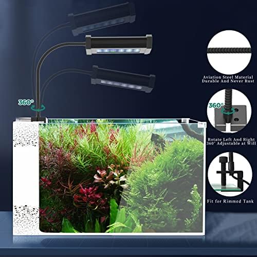 Lominie plantou luz de aquário, timer de 2 canais Dimmer Luz de peixes pequenos de água doce 6500k com pescoço de ganso para nano-tanque de refúgio plantado