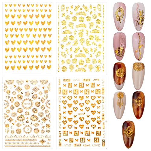 Adesivos de arte da unha, 9 folhas de mais de 600 adesivos de unhas para unhas, juntamente com pinça afiada, decalques de unhas de auto-adesivo de ouro 3D, rose amor letra de borboleta para mulheres e garotas design de unhas, por xipoo