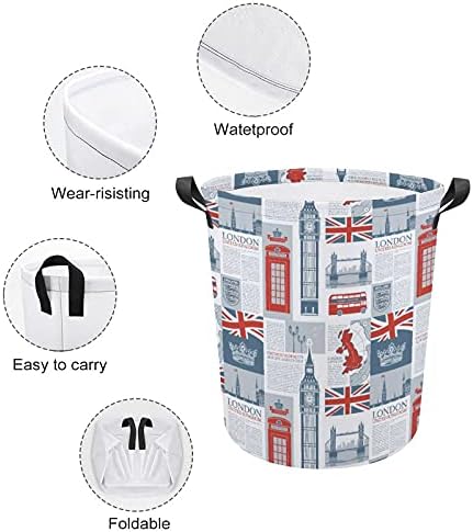 Tema do Reino Unido e London British Flag Oxford Cosce de lavanderia com alças cestas de armazenamento