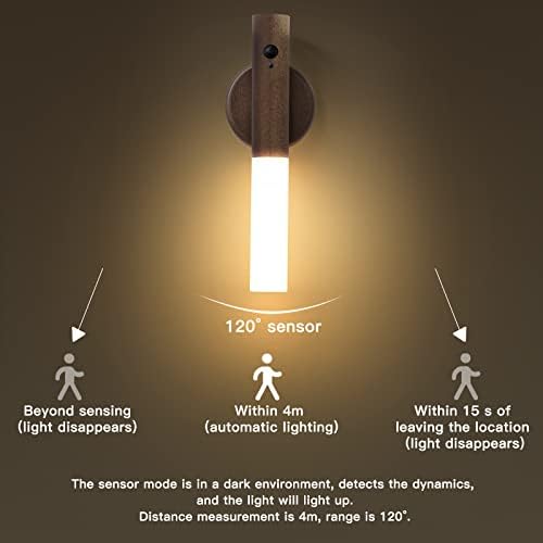 Luz noturna de sensor de movimento recarregável em interior, sensor de madeira de madeira, luz de madeira, luz