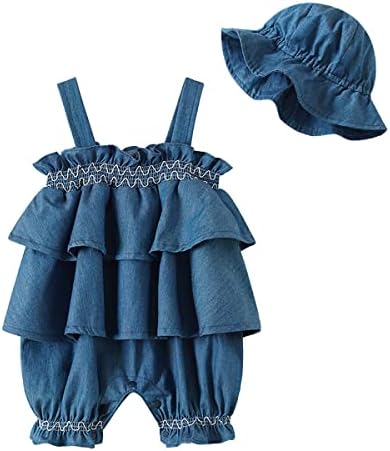 Hoolchean Baby Girls Girls Cotton Denim 2pcs Ruffles Slip Romper Dress and Balde Hat Hat Set
