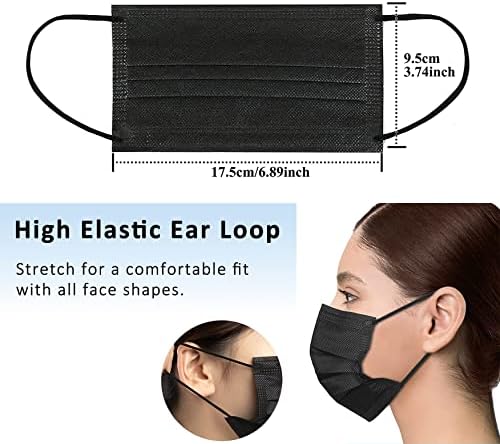 Pacote de 100 Pacote de máscara facial descartável em adultos negros, segurança de 3 camadas de segurança máscaras de poeira respiráveis, com loop de ouvido elástico para homens mulheres