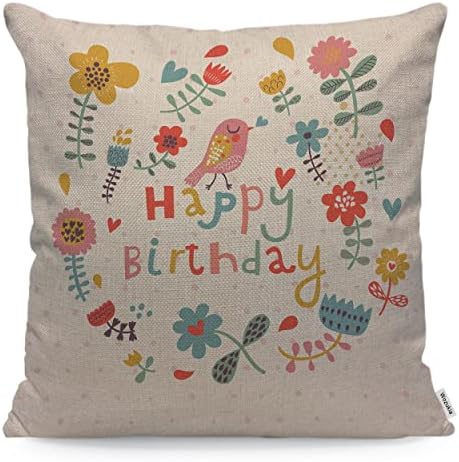 Wozukia Feliz Aniversário travesseiro, com lindas flores e pássaros elegantes elementos florais vermelhos azul amarelo decoração de linho de algodão capa de algodão homem garotos sofá de carro de decoração de decoração de decoração de decoração de 18 x 18 polegadas